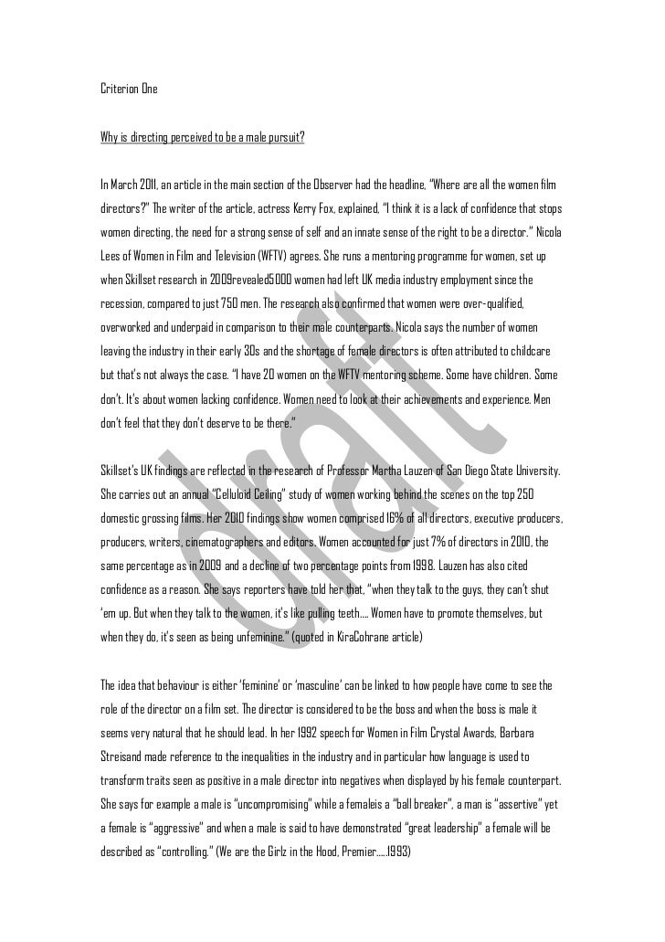Criterion One Essay Criterion Onewhy Is Directing Perceived To Be A Male Pursuit Extended Essay Topics English also Health Care Reform Essay Sample Proposal Essay