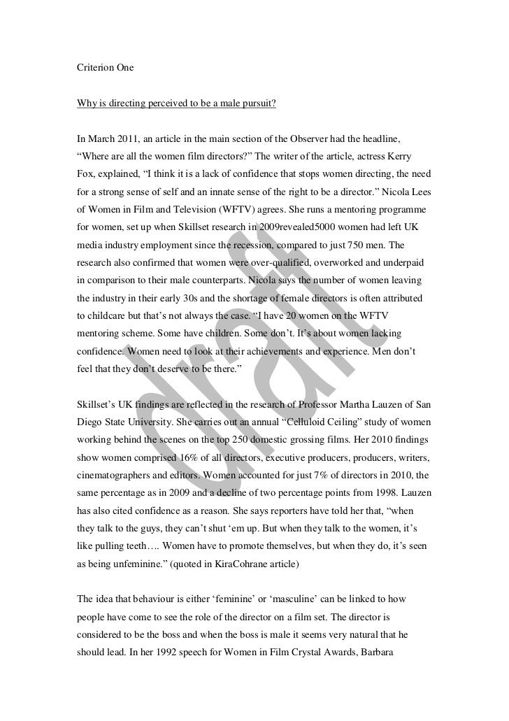 Criterion One Essay Criterion Onewhy Is Directing Perceived To Be A Male Pursuit Proposal Essay Format also Research Essay Proposal Sample Samples Of Persuasive Essays For High School Students