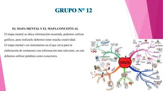 EL MAPA MENTAL Y EL MAPA CONCEPTUAL
El mapa mental se ubica información resumida, podemos utilizar
gráficos, para realizarlo debemos tener mucha creatividad.
El mapa mental s un instrumento en el que sirva para la
elaboración de resúmenes con información más relevante, en este
debemos utilizar palabras como conectores.
 