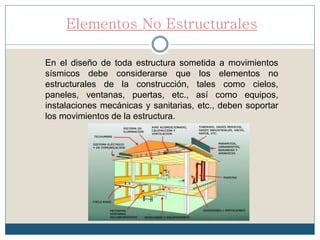 Elementos No Estructurales
En el diseño de toda estructura sometida a movimientos
sísmicos debe considerarse que los elementos no
estructurales de la construcción, tales como cielos,
paneles, ventanas, puertas, etc., así como equipos,
instalaciones mecánicas y sanitarias, etc., deben soportar
los movimientos de la estructura.
 