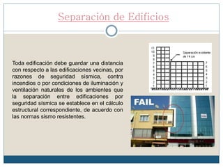 Separación de Edificios
Toda edificación debe guardar una distancia
con respecto a las edificaciones vecinas, por
razones de seguridad sísmica, contra
incendios o por condiciones de iluminación y
ventilación naturales de los ambientes que
la separación entre edificaciones por
seguridad sísmica se establece en el cálculo
estructural correspondiente, de acuerdo con
las normas sismo resistentes.
 