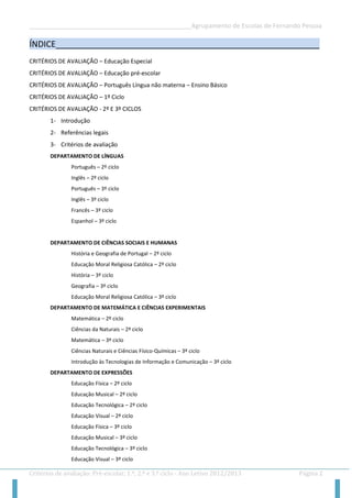 __________________________________________________Agrupamento de Escolas de Fernando Pessoa 
Critérios de avaliação: Pré-escolar, 1.º, 2.º e 3.º ciclo - Ano Letivo 2012/2013 Página 2 
ÍNDICE________________________________________________________ 
CRITÉRIOS DE AVALIAÇÃO – Educação Especial 
CRITÉRIOS DE AVALIAÇÃO – Educação pré-escolar 
CRITÉRIOS DE AVALIAÇÃO – Português Língua não materna – Ensino Básico 
CRITÉRIOS DE AVALIAÇÃO – 1º Ciclo 
CRITÉRIOS DE AVALIAÇÃO - 2º E 3º CICLOS 
1- Introdução 
2- Referências legais 
3- Critérios de avaliação 
DEPARTAMENTO DE LÍNGUAS 
Português – 2º ciclo 
Inglês – 2º ciclo 
Português – 3º ciclo 
Inglês – 3º ciclo 
Francês – 3º ciclo 
Espanhol – 3º ciclo 
DEPARTAMENTO DE CIÊNCIAS SOCIAIS E HUMANAS 
História e Geografia de Portugal – 2º ciclo 
Educação Moral Religiosa Católica – 2º ciclo 
História – 3º ciclo 
Geografia – 3º ciclo 
Educação Moral Religiosa Católica – 3º ciclo 
DEPARTAMENTO DE MATEMÁTICA E CIÊNCIAS EXPERIMENTAIS 
Matemática – 2º ciclo 
Ciências da Naturais – 2º ciclo 
Matemática – 3º ciclo 
Ciências Naturais e Ciências Físico-Químicas – 3º ciclo 
Introdução às Tecnologias de Informação e Comunicação – 3º ciclo 
DEPARTAMENTO DE EXPRESSÕES 
Educação Física – 2º ciclo 
Educação Musical – 2º ciclo 
Educação Tecnológica – 2º ciclo 
Educação Visual – 2º ciclo 
Educação Física – 3º ciclo 
Educação Musical – 3º ciclo 
Educação Tecnológica – 3º ciclo 
Educação Visual – 3º ciclo  