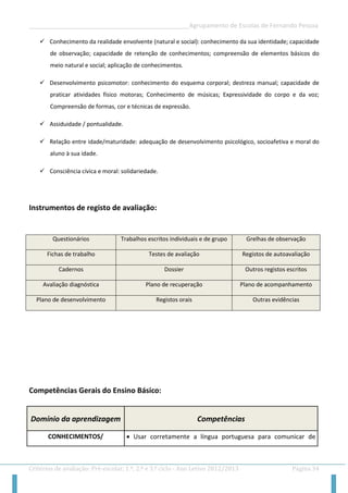__________________________________________________Agrupamento de Escolas de Fernando Pessoa 
Critérios de avaliação: Pré-escolar, 1.º, 2.º e 3.º ciclo - Ano Letivo 2012/2013 Página 34 
 Conhecimento da realidade envolvente (natural e social): conhecimento da sua identidade; capacidade de observação; capacidade de retenção de conhecimentos; compreensão de elementos básicos do meio natural e social; aplicação de conhecimentos. 
 Desenvolvimento psicomotor: conhecimento do esquema corporal; destreza manual; capacidade de praticar atividades físico motoras; Conhecimento de músicas; Expressividade do corpo e da voz; Compreensão de formas, cor e técnicas de expressão. 
 Assiduidade / pontualidade. 
 Relação entre idade/maturidade: adequação de desenvolvimento psicológico, socioafetiva e moral do aluno à sua idade. 
 Consciência cívica e moral: solidariedade. 
Instrumentos de registo de avaliação: 
Questionários Trabalhos escritos individuais e de grupo Grelhas de observação Fichas de trabalho Testes de avaliação Registos de autoavaliação Cadernos Dossier Outros registos escritos Avaliação diagnóstica Plano de recuperação Plano de acompanhamento Plano de desenvolvimento Registos orais Outras evidências 
Competências Gerais do Ensino Básico: Domínio da aprendizagem Competências CONHECIMENTOS/  Usar corretamente a língua portuguesa para comunicar de  