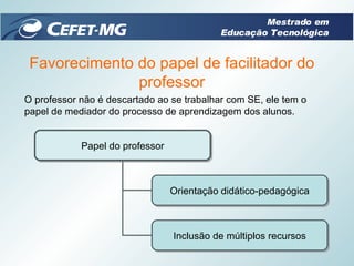 Favorecimento do papel de facilitador do professor O professor não é descartado ao se trabalhar com SE, ele tem o papel de mediador do processo de aprendizagem dos alunos. Papel do professor Orientação didático-pedagógica Inclusão de múltiplos recursos Mestrado em Educação Tecnológica 
