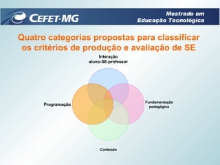 Quatro categorias propostas para classificar os critérios de produção e avaliação de SE Mestrado em Educação Tecnológica I...