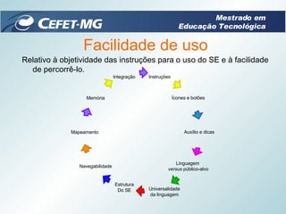 Facilidade de uso Relativo à objetividade das instruções para o uso do SE e à facilidade de percorrê-lo. Mestrado em Educação Tecnológica Integração Memória Mapeamento Navegabilidade Estrutura Do SE Universalidade da linguagem Linguagem  versus  público-alvo Auxílio e dicas Ícones e botões Instruções 