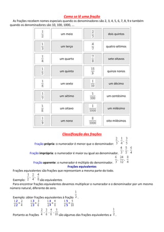 Como se lê uma fração
As frações recebem nomes especiais quando os denominadores são 2, 3, 4, 5, 6, 7, 8, 9 e também
quando os denominadores são 10, 100, 1000, ...
um meio dois quintos
um terço quatro sétimos
um quarto sete oitavos
um quinto quinze nonos
um sexto um décimo
um sétimo um centésimo
um oitavo um milésimo
um nono oito milésimos
Classificação das frações
Fração própria: o numerador é menor que o denominador:
Fração imprópria: o numerador é maior ou igual ao denominador.
Fração aparente: o numerador é múltiplo do denominador.
Frações equivalentes
Frações equivalentes são frações que representam a mesma parte do todo.
Exemplo: são equivalentes
Para encontrar frações equivalentes devemos multiplicar o numerador e o denominador por um mesmo
número natural, diferente de zero.
Exemplo: obter frações equivalentes à fração .
Portanto as frações são algumas das frações equivalentes a .
 