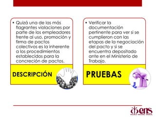 • Quizá una de las más
flagrantes violaciones por
parte de los empleadores
frente al uso, promoción y
firma de pactos
colectivos es la inherente
a los procedimientos
establecidos para la
concreción de pactos.
DESCRIPCIÓN
• Verificar la
documentación
pertinente para ver si se
cumplieron con las
etapas de la negociación
del pacto y si se
encuentra depositado
ante en el Ministerio de
Trabajo.
PRUEBAS
 