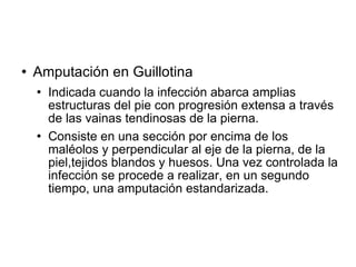  Amputación en Guillotina
 Indicada cuando la infección abarca amplias
estructuras del pie con progresión extensa a través
de las vainas tendinosas de la pierna.
 Consiste en una sección por encima de los
maléolos y perpendicular al eje de la pierna, de la
piel,tejidos blandos y huesos. Una vez controlada la
infección se procede a realizar, en un segundo
tiempo, una amputación estandarizada.
 