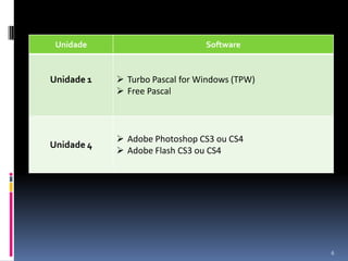 Unidade                        Software



Unidade 1    Turbo Pascal for Windows (TPW)
             Free Pascal



             Adobe Photoshop CS3 ou CS4
Unidade 4
             Adobe Flash CS3 ou CS4




                                               6
 