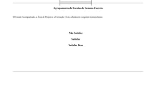 Agrupamento de Escolas de Samora Correia
O Estudo Acompanhado, a Área de Projeto e a Formação Cívica obedecem à seguinte nomenclatura:
Não Satisfaz
Satisfaz
Satisfaz Bem
 