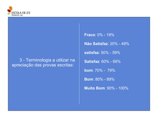 Fraco : 0% - 19% Não Satisfaz : 20% - 49% satisfaz : 50% - 59% Satisfaz : 60% - 69% bom : 70% -  79% Bom : 80% - 89% Muito Bom : 90% - 100% 3 - Terminologia a utilizar na apreciação das provas escritas:  