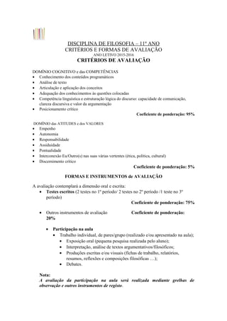 DISCIPLINA DE FILOSOFIA – 11º ANO
CRITÉRIOS E FORMAS DE AVALIAÇÃO
ANO LETIVO 2015-2016
CRITÉRIOS DE AVALIAÇÃO
DOMÍNIO COGNITIVO e das COMPETÊNCIAS
• Conhecimento dos conteúdos programáticos
• Análise de texto
• Articulação e aplicação dos conceitos
• Adequação dos conhecimentos às questões colocadas
• Competência linguística e estruturação lógica do discurso: capacidade de comunicação,
clareza discursiva e valor da argumentação
• Posicionamento crítico
Coeficiente de ponderação: 95%
DOMÍNIO das ATITUDES e dos VALORES
• Empenho
• Autonomia
• Responsabilidade
• Assiduidade
• Pontualidade
• Interconexão Eu/Outro(s) nas suas várias vertentes (ética, política, cultural)
• Discernimento crítico
Coeficiente de ponderação: 5%
FORMAS E INSTRUMENTOS de AVALIAÇÃO
A avaliação contemplará a dimensão oral e escrita:
• Testes escritos (2 testes no 1º período/ 2 testes no 2º período /1 teste no 3º
período)
Coeficiente de ponderação: 75%
• Outros instrumentos de avaliação Coeficiente de ponderação:
20%
• Participação na aula
• Trabalho individual, de pares/grupo (realizado e/ou apresentado na aula);
• Exposição oral (pequena pesquisa realizada pelo aluno);
• Interpretação, análise de textos argumentativos/filosóficos;
• Produções escritas e/ou visuais (fichas de trabalho, relatórios,
resumos, reflexões e composições filosóficas …);
• Debates.
Nota:
A avaliação da participação na aula será realizada mediante grelhas de
observação e outros instrumentos de registo.
 