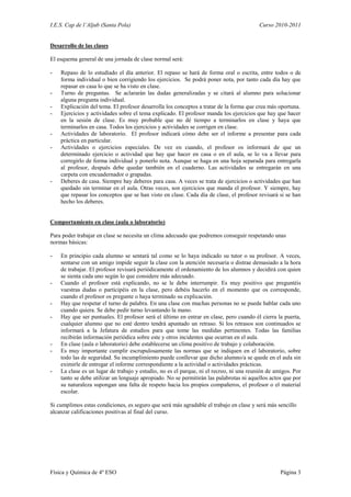 I.E.S. Cap de l’Aljub (Santa Pola)                                                       Curso 2010-2011


Desarrollo de las clases

El esquema general de una jornada de clase normal será:

-   Repaso de lo estudiado el día anterior. El repaso se hará de forma oral o escrita, entre todos o de
    forma individual o bien corrigiendo los ejercicios. Se podrá poner nota, por tanto cada día hay que
    repasar en casa lo que se ha visto en clase.
-   Turno de preguntas. Se aclararán las dudas generalizadas y se citará al alumno para solucionar
    alguna pregunta individual.
-   Explicación del tema. El profesor desarrolla los conceptos a tratar de la forma que crea más oportuna.
-   Ejercicios y actividades sobre el tema explicado. El profesor manda los ejercicios que hay que hacer
    en la sesión de clase. Es muy probable que no dé tiempo a terminarlos en clase y haya que
    terminarlos en casa. Todos los ejercicios y actividades se corrigen en clase.
-   Actividades de laboratorio. El profesor indicará cómo debe ser el informe a presentar para cada
    práctica en particular.
-   Actividades o ejercicios especiales. De vez en cuando, el profesor os informará de que un
    determinado ejercicio o actividad que hay que hacer en casa o en el aula, se lo va a llevar para
    corregirlo de forma individual y ponerlo nota. Aunque se haga en una hoja separada para entregarla
    al profesor, después debe quedar también en el cuaderno. Las actividades se entregarán en una
    carpeta con encuadernador o grapadas.
-   Deberes de casa. Siempre hay deberes para casa. A veces se trata de ejercicios o actividades que han
    quedado sin terminar en el aula. Otras veces, son ejercicios que manda el profesor. Y siempre, hay
    que repasar los conceptos que se han visto en clase. Cada día de clase, el profesor revisará si se han
    hecho los deberes.


Comportamiento en clase (aula o laboratorio)

Para poder trabajar en clase se necesita un clima adecuado que podremos conseguir respetando unas
normas básicas:

-   En principio cada alumno se sentará tal como se lo haya indicado su tutor o su profesor. A veces,
    sentarse con un amigo impide seguir la clase con la atención necesaria o distrae demasiado a la hora
    de trabajar. El profesor revisará periódicamente el ordenamiento de los alumnos y decidirá con quien
    se sienta cada uno según lo que considere más adecuado.
-   Cuando el profesor está explicando, no se le debe interrumpir. Es muy positivo que preguntéis
    vuestras dudas o participéis en la clase, pero debéis hacerlo en el momento que os corresponde,
    cuando el profesor os pregunte o haya terminado su explicación.
-   Hay que respetar el turno de palabra. En una clase con muchas personas no se puede hablar cada uno
    cuando quiera. Se debe pedir turno levantando la mano.
-   Hay que ser puntuales. El profesor será el último en entrar en clase, pero cuando él cierra la puerta,
    cualquier alumno que no esté dentro tendrá apuntado un retraso. Si los retrasos son continuados se
    informará a la Jefatura de estudios para que tome las medidas pertinentes. Todas las familias
    recibirán información periódica sobre este y otros incidentes que ocurran en el aula.
-   En clase (aula o laboratorio) debe establecerse un clima positivo de trabajo y colaboración.
-   Es muy importante cumplir escrupulosamente las normas que se indiquen en el laboratorio, sobre
    todo las de seguridad. Su incumplimiento puede conllevar que dicho alumno/a se quede en el aula sin
    eximirle de entregar el informe correspondiente a la actividad o actividades prácticas.
-   La clase es un lugar de trabajo y estudio, no es el parque, ni el recreo, ni una reunión de amigos. Por
    tanto se debe utilizar un lenguaje apropiado. No se permitirán las palabrotas ni aquellos actos que por
    su naturaleza supongan una falta de respeto hacia los propios compañeros, el profesor o el material
    escolar.

Si cumplimos estas condiciones, es seguro que será más agradable el trabajo en clase y será más sencillo
alcanzar calificaciones positivas al final del curso.




Física y Química de 4º ESO                                                                        Página 3
 