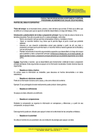 FACULTAD DE EDUCACION A DISTANCIA Y VIRTUAL
PROGRAMA ACADEMICO DE SALUD OCUPACIONAL

PARTES DEL ENSAYO EXPOSITIVO
Título del ensayo: es el enunciado breve, preciso y claro del tema que se trata. El título es lo último que
se define en un ensayo para que se ajuste al contenido desarrollado a lo largo del trabajo. (10%)
Introducción y planteamiento de la idea o proposición principal: Aquí se trata de ubicar al lector en la
temática propuesta. Para ello se puede recurrir a varias estrategias, entre ellas:
- Narrar una situación real que permita contextualizar el tema y mentalizar al lector.
Hacer un recorrido histórico muy breve que le permita llegar al punto crucial que pretende
defender.
- Ubicarse en una situación problemática actual para plantear a partir de allí una tesis o
proposición principal que le permita hacer un recorrido histórico hasta la génesis de la dificultad y
una vez allí proponer.
- Plantear brevemente el recorrido argumentativo-expositivo que desarrollará a lo largo del ensayo
para sustentar su tesis o proposición principal. Al final de la introducción, en el mismo párrafo, se
deberá plantear la tesis o proposición principal personal que se pretende argumentar con el texto
(20%)
Cuerpo: Argumentos o razones que se desarrollarán para fundamentar o defender la tesis o proposición
principal planteada. Estos argumentos se apoyan en la información recolectada. Existen diversos tipos de
argumentos:
- Basados en datos y hechos
En ambos casos la información es irrebatible, pues descansa en hechos demostrables o en datos
estadísticos.
- Basados en relaciones causales
Parte de la información funciona como causa, y otra como efecto de la anterior.
Ejemplo: El uso prolongado de este medicamento puede producir úlcera gástrica.
-

Basados en definiciones

Se apoya una tesis utilizando una definición.
-

Basados en comparaciones

M ediante la comparación se organiza la información en semejanzas y diferencias y a partir de esa
comparación, se apoya la tesis.
Este argumento puede ser utilizado para apoyar la tesis de la efectividad de las campañas antitabaco.
-

Basados en la autoridad

Se utiliza el nombre de una autoridad o de una institución de prestigio para apoyar una tesis.

Institución Universitaria Antonio José Camacho - (Santiago de Cali - Colombia)
Tels: 6882828 - 6609097 - www.uniajc.edu.co

 