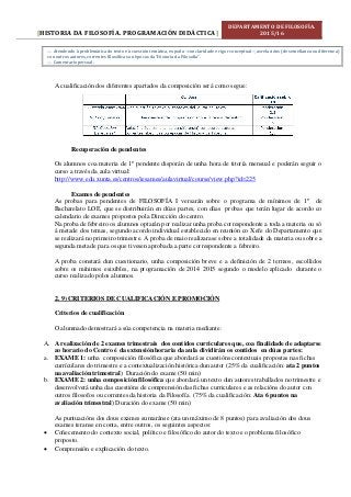 HISTORIA DA FILOSOFÍA. PROGRAMACIÓN DIDÁCTICA[ ]
DEPARTAMENTO DE FILOSOFÍA.
2015/16
A cualificación dos diferentes apartados da composición será como segue:
Recuperación de pendentes
Os alumnos coa materia de 1º pendente disporán de unha hora de titoría mensual e poderán seguir o
curso a través da aula virtual:
http://www.edu.xunta.es/centros/iesames/aulavirtual/course/view.php?id=225
Exames de pendentes
As probas para pendentes de FILOSOFÍA I versarán sobre o programa de mínimos de 1º de
Bacharelato LOE, que se distribuirán en dúas partes, con dúas probas que terán lugar de acordo co
calendario de exames propostos pola Dirección do centro.
Na proba de febreiro os alumnos optarán por realizar unha proba correspondente a toda a materia ou só
á metade dos temas, segundo acordo individual establecido en reunión co Xefe do Departamento que
se realizará no primeiro trimestre. A proba de maio realizarase sobre a totalidade da materia ou sobre a
segunda metade para os que tivesen aprobada a parte correspondente a febreiro.
A proba constará dun cuestionario, unha composición breve e a definición de 2 termos, escollidos
sobre os mínimos esixibles, na programación de 2014 2015 segundo o modelo aplicado durante o
curso realizado polos alumnos.
2. 9) CRITERIOS DE CUALIFICACIÓN E PROMOCIÓN
Criterios de cualificación
O alumnado demostrará a súa competencia na materia mediante:
A. A realización de 2 exames trimestrais dos contidos curriculares que, coa finalidade de adaptarse
ao horario do Centro é da extensión horaria da aula dividirán os contidos en dúas partes:
a. EXAME 1: unha composición filosófica que abordará as cuestións contextuais propostas nas fichas
currículares do trimestre e a contextualización histórica dun autor (25% da cualificación: ata 2 puntos
na avaliación trimestral) Duración do exame (50 min)
b. EXAME 2: unha composición filosófica que abordará un texto dun autores traballados no trimestre e
desenvolverá unha das cuestións de comprensión das fichas curriculares e as relacións do autor con
outros filosofos ou correntes da historia da Filosofía. (75% da cualificación: Ata 6 puntos na
avaliación trimestral) Duración do exame (50 min)
As puntuacións dos dous exames sumaránse (ata un máximo de 8 puntos) para avaliación dos dous
exames teranse en conta, entre outros, os seguintes aspectos:
 Coñecemento do contexto social, político e filosófico do autor do texto e o problema filosófico
proposto.
 Comprensión e explicación do texto.
 Atendendo á problemática do texto e á cuestión temática, expoña –con claridade e rigor conceptual–, as relacións (de semellanza ou diferenza)
con outros autores, correntes filosóficas ou épocas da “Historia da Filosofía”.
 Comentario persoal.
 