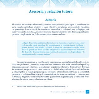 29III. Acercamiento a un concepto integral de profesionalización
Asesoría y relación tutora
Asesoría
El Acuerdo 592 reconoce a la asesoría como una actividad crucial para lograr la transformación
de la escuela, centrada en favorecer el logro educativo, que atienda las necesidades específicas
de aprendizaje de cada uno de los estudiantes y consolide el trabajo técnico pedagógico y de
supervisión en las escuelas. Asimismo, involucra el acompañamiento a los docentes para la com-
prensión e implementación de las nuevas propuestas curriculares:
La figura de asesoría académica, al contar con un panorama cercano a lo que ocurre
en la escuela, puede identificar las necesidades de la práctica docente cotidiana y
generar acciones para atender y prevenir el rezago, así como constituir redes acadé-
micas de aprendizaje donde todos los integrantes de la comunidad escolar participen
del desarrollo de competencias que permitan la autonomía en el aprendizaje y la
participación en los procesos sociales.15
La asesoría académica se concibe como un proceso de acompañamiento basado en la in-
teracción profesional, orientado a la resolución de problemas educativos asociados a la gestión y
organización escolar; así como, a la enseñanza y las prácticas educativas de directivos y docentes.
Es académica porque se centra en incrementar la calidad del aprendizaje de todos los alumnos
y está dirigida a la escuela porque propone involucrar a todos los miembros de la comunidad,
promueve el trabajo colaborativo y el establecimiento de acuerdos mediante el consenso, con
la finalidad de generar condiciones favorables que faciliten el aprendizaje y la formación de los
alumnos durante su paso por la educación básica.
15	 sep (2011). Acuerdo Secretarial número 592 por el que se establece la articulación de la educación básica, p. 11.
 