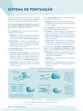 SISTEMA DE PONTUAÇÃO

O sistema de pontuação visa a determinar o estágio de                           O fator Aprendizado refere-se ao grau em que os pro­
maturidade da gestão da organização nas dimensões                               cessos gerenciais evidenciam:
de processos gerenciais e resultados organizacionais.
                                                                                • Melhorias – aperfeiçoamentos nas práticas de ges­
                                                                                  tão decorrentes do aprendizado, tanto incrementais
Na dimensão de Processos Gerenciais são avaliados os
                                                                                  quanto de ruptura.
fatores Enfoque, Aplicação, Aprendizado e Integra­
ção, definidos conforme descrito abaixo:                                        O fator Integração (ver figura abaixo) refere-se ao grau
                                                                                em que os processos gerenciais evidenciam:
O fator Enfoque refere-se ao grau em que os proces­                             • Coerência – relação harmônica entre as práticas de
sos gerenciais evidenciam:                                                        gestão e as estratégias e objetivos da organização.
• 	 Adequação – existência de práticas de gestão com                            • 	 Inter-relacionamento – utilização das práticas de
    controle, que atendam aos requisitos do critério ou                             gestão de modo complementar com outras práticas,
    item, considerando-se o perfil da organização.                                  quando apropriado.
• 	 Proatividade - existência de características nas                            • 	 Cooperação – colaboração entre as áreas da orga­
    práticas de gestão que previnam situações poten­                                nização e entre a organização e partes interessadas
    cialmente indesejáveis e aumentem a previsibili­                                na concepção ou execução das práticas de gestão.
    dade dos processos gerenciais;                                              Na dimensão de Resultados Organizacionais são
O fator Aplicação refere-se ao grau em que os proces­                           avaliados os fatores Relevância, Tendência e Nível
sos gerenciais evidenciam:                                                      atual, os quais são definidos conforme descrito abaixo:
                                                                                • 	 Relevância – importância dos resultados para de­
• 	 Abrangência (Disseminação) – utilização das
                                                                                    terminação do alcance dos objetivos estratégicos e
    práticas de gestão alcançando as principais áreas,
                                                                                    operacionais da organização.
    processos, produtos ou partes interessadas perti­
    nentes, de acordo com os requisitos do critério ou                          • 	 Tendência – comportamento dos resultados ao
    item, considerando-se o perfil da organização;                                  longo do tempo.
• 	 Continuidade – utilização periódica e ininterrupta                          • 	 Nível atual – comparação do valor atual dos re­
    das práticas de gestão que atendem aos requisitos                               sultados em relação às informações comparativas
    do critério ou item.                                                            pertinentes.
                                                      Estágios da integração das práticas de gestão

      (1) A b o r d a g e m                                          (2) Abordagem em início de integração
          não integrada                                                                                                     As práticas de gestão
                                                                                                                            são coerentes com as
                                        Estratégias                                                                        estratégias e objetivos
                                        e objetivos                                                   Estratégias e      da organização, mas não
                                                                                                         objetivos       há inter-relacionamento
                                                                                                                          entre as mesmas e não
                                                                                                                          há cooperação entre as
                                                                                                                            áreas e com as partes
                                                                                                                                     interessadas.

   (3) Abordagem quase integrada
                                                                     (4) Abordagem integrada                                  As práticas de gestão
                                                                                                                              são coerentes com as
                                                                                                                            estratégias e objetivos
                                                 Estratégias                                                                da organização e estão
                                                 e objetivos                                               Estratégias       inter-relacionadas, há
                                                                                                           e objetivos         cooperação entre as
                                                                                                                              áreas e com as partes
                                                                                                                         interessadas, produzindo
    As práticas de gestão são coerentes com as estratégias e ob­                                                                  elevada sinergia.
    jetivos da organização e estão inter-relacionadas, mas não há
    cooperação entre as áreas e com as partes interessadas.




                                      Fonte: adaptação Baldrige, 2006 (Baldrige National Quality Program, EUA)


22 | Rumo à Excelência 2009 - 2010
 