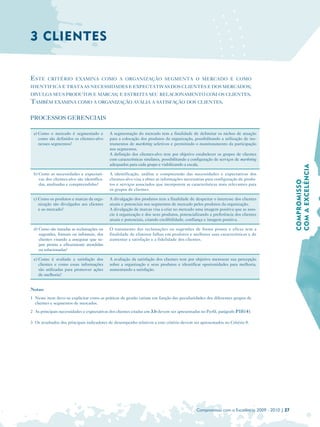 3 CLIENTES


ESTE     CRITÉRIO EXAMINA COMO A ORGANIZAÇÃO SEGMENTA O MERCADO E COMO
IDENTIFICA E TRATA AS NECESSIDADES E EXPECTATIVAS DOS CLIENTES E DOS MERCADOS;
DIVULGA SEUS PRODUTOS E MARCAS; E ESTREITA SEU RELACIONAMENTO COM OS CLIENTES.
TAMBÉM EXAMINA COMO A ORGANIZAÇÃO AVALIA A SATISFAÇÃO DOS CLIENTES.

PROCESSOS GERENCIAIS

 a) Como o mercado é segmentado e           A segmentação do mercado tem a finalidade de delimitar os nichos de atuação
    como são definidos os clientes-alvo     para a colocação dos produtos da organização, possibilitando a utilização de ins­
    nesses segmentos?                       trumentos de marketing seletivos e permitindo o monitoramento da participação
                                            nos segmentos.
                                            A definição dos clientes-alvo tem por objetivo estabelecer os grupos de clientes
                                            com características similares, possibilitando a configuração de serviços de marketing
                                            adequados para cada grupo e viabilizando a escala.




                                                                                                                                              COM A EXCELÊNCIA
 b) Como as necessidades e expectati­       A identificação, análise e compreensão das necessidades e expectativas dos
    vas dos clientes-alvo são identifica­   clientes-alvo visa a obter as informações necessárias para configuração de produ­




                                                                                                                                              COMPROMISSO
    das, analisadas e compreendidas?        tos e serviços associados que incorporem as características mais relevantes para
                                            os grupos de clientes.

 c) Como os produtos e marcas da orga­      A divulgação dos produtos tem a finalidade de despertar o interesse dos clientes
    nização são divulgados aos clientes     atuais e potenciais nos segmentos de mercado pelos produtos da organização.
    e ao mercado?                           A divulgação de marcas visa a criar no mercado uma imagem positiva que as asso­
                                            cie à organização e dos seus produtos, potencializando a preferência dos clientes
                                            atuais e potenciais, criando credibilidade, confiança e imagem positiva.

 d) Como são tratadas as reclamações ou     O tratamento das reclamações ou sugestões de forma pronta e eficaz tem a
    sugestões, formais ou informais, dos    finalidade de eliminar falhas em produtos e melhorar suas características e de
    clientes visando a assegurar que se­    aumentar a satisfação e a fidelidade dos clientes.
    jam pronta e eficazmente atendidas
    ou solucionadas?

 e) Como é avaliada a satisfação dos        A avaliação da satisfação dos clientes tem por objetivo mensurar sua percepção
    clientes e como essas informações       sobre a organização e seus produtos e identificar oportunidades para melhoria,
    são utilizadas para promover ações      aumentando a satisfação.
    de melhoria?


Notas:
1 Neste item deve-se explicitar como as práticas de gestão variam em função das peculiaridades dos diferentes grupos de
  clientes e segmentos de mercados.
2 As principais necessidades e expectativas dos clientes citadas em 3.b devem ser apresentadas no Perfil, parágrafo P1E(4).

3 Os resultados dos principais indicadores de desempenho relativos a este critério devem ser apresentados no Critério 8.




                                                                                              Compromisso com a Excelência 2009 - 2010 | 27
 
