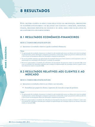 8 RESULTADOS


                                      ESTE     CRITÉRIO EXAMINA OS RESULTADOS RELEVANTES DA ORGANIZAÇÃO, ABRANGENDO
                                      OS ECONÔMICO-FINANCEIROS E OS RELATIVOS AOS CLIENTES E MERCADOS, SOCIEDADE,
                                      PESSOAS, PROCESSOS PRINCIPAIS DO NEGÓCIO E DE APOIO, ASSIM COMO OS RELATIVOS AO
                                      RELACIONAMENTO COM FORNECEDORES.




                                      8.1 RESULTADOS ECONÔMICO-FINANCEIROS

                                      RESULTADOS ORGANIZACIONAIS

                                      a) Apresentar os resultados relativos à gestão econômico-financeira.
RUMO À EXCELÊNCIA




                                      Notas:
                                      1 Na apresentação dos resultados, demonstrar a evolução de cada resultado pelo menos nos últimos três ciclos de avaliação
                                        ou planejamento e incluir informações comparativas pertinentes, esclarecendo, sempre que possível, tendências adversas
                                        e níveis atuais de desempenho abaixo das informações comparativas pertinentes.
                                      2 No caso de unidade autônoma cuja apresentação dos resultados financeiros é feita somente no nível corporativo, deve ser
                                        demonstrada sua contribuição individual para o resultado da corporação.
                                      3 Devem ser apresentados os resultados dos indicadores de desempenho dos processos citados no marcador 7.3a, assim
                                        como os resultados dos indicadores utilizados para avaliação da implementação das estratégias relativas à gestão econô-
                                        mico-financeira citados no marcador 2.2a.



                                      8.2 RESULTADOS REL ATIVOS AOS CLIENTES E AO
                                          MERCADO

                                      RESULTADOS ORGANIZACIONAIS

                                      a) Apresentar os resultados relativos aos clientes e aos mercados.

                                          • Estratificar por grupos de clientes, segmentos de mercado ou tipos de produtos.

                                      Notas:
                                      1 Na apresentação dos resultados, demonstrar a evolução de cada resultado pelo menos nos últimos três ciclos de avaliação
                                        ou planejamento e incluir informações comparativas pertinentes, esclarecendo, sempre que possível, tendências adversas
                                        e níveis atuais de desempenho abaixo das informações comparativas pertinentes.
                                      2 Devem ser apresentados os resultados dos indicadores de desempenho dos processos citados no Critério 3, assim como
                                        os resultados dos indicadores utilizados para avaliação da implementação das estratégias relativas aos clientes e mercados
                                        citados no marcador 2.2a.




                    52 | Rumo à Excelência 2009 - 2010
 