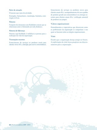 Setor de atuação                                          fornecimento de serviços ou produtos novos para
O mesmo que ramo de atividade.                            clientes atuais (Ex.: acompanhamento de novo padrão
                                                          de produto gerado aos consumidores) ou entregas re-
Exemplos: farmacêutico, metalurgia, hotelaria, cons-
trução civil etc.                                         centes para clientes atuais (Ex.: verificação amostral
                                                          de produtos no campo).
Sistema
                                                          Valores organizacionais
Conjunto de elementos com finalidade comum que se
relacionam entre si formando um todo dinâmico.            Entendimentos e expectativas que descrevem como
                                                          os profissionais da organização se comportam e nos
Sistema de liderança
                                                          quais se baseiam todas as relações organizacionais.
Sistema cuja finalidade é mobilizar as pessoas para a
realização da visão da organização.                       Visão
Transações recentes                                       Estado que a organização deseja atingir no futuro.
Fornecimento de serviços ou produtos atuais para          A explicitação da visão busca propiciar um direcio-
clientes novos (Ex.: educação para novos consumidores),   namento para a organização.




62 | Rumo à Excelência 2009 - 2010
 