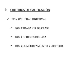  
CRITERIOS DE CALIFICACIÓN
60%PRUEBAS OBJETIVAS  
 20%TRABAJOS DE CLASE  
 10%DEBERES DE CASA  
 10%COMPORTAMIENTO Y ACTITUD.  
 