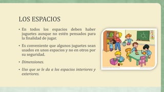 LOS ESPACIOS
• En todos los espacios deben haber
juguetes aunque no estén pensados para
la finalidad de jugar.
• Es conveniente que algunos juguetes sean
usados en unos espacios y no en otros por
su seguridad.
• Dimensiones.
• Uso que se le da a los espacios interiores y
exteriores.
 
