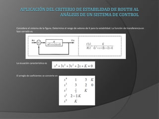 Considere el sistema de la figura. Determine el rango de valores de K para la estabilidad. La función de transferencia en
lazo cerrado es
La ecuación característica es
El arreglo de coeficientes se convierte en
 