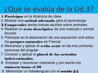 ¿Qué se evalúa de la Ud.3?
1.Participar en la dinámica de clase
2. Mostrar una actitud adecuada para el aprendizaje
3.Comprender textos breves escritos sobre animales
4. Realizar un texto descriptivo de una mascota o animal
   favorito
5. Participar en la elaboración de una exposición oral sobre
   los parques naturales en Francia
6. Memorizar y aplicar el verbo avoir en las tres primeras
   personas del singular
7. Conocer y aplicar el plural de los artículos
   indeterminados.
8. Emplear y reconocer oralmente y por escrito los
   números hasta el 20
9. Memorizar un trabalenguas con el sonido [y]
 