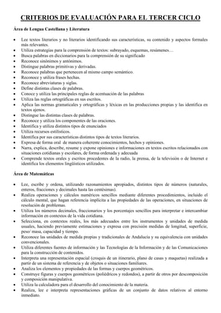 CRITERIOS DE EVALUACIÓN PARA EL TERCER CICLO
Área de Lengua Castellana y Literatura
•
•
•
•
•
•
•
•
•
•
•
•
•
•
•
•
•
•
•
•

Lee textos literarios y no literarios identificando sus características, su contenido y aspectos formales
más relevantes.
Utiliza estrategias para la comprensión de textos: subrayado, esquemas, resúmenes…
Busca palabras en diccionarios para la comprensión de su significado
Reconoce sinónimos y antónimos.
Distingue palabras primitivas y derivadas.
Reconoce palabras que pertenecen al mismo campo semántico.
Reconoce y utiliza frases hechas.
Reconoce abreviaturas y siglas.
Define distintas clases de palabras.
Conoce y utiliza las principales reglas de acentuación de las palabras
Utiliza las reglas ortográficas en sus escritos.
Aplica las normas gramaticales y ortográficas y léxicas en las producciones propias y las identifica en
textos ajenos.
Distingue las distintas clases de palabras.
Reconoce y utiliza los componentes de las oraciones.
Identifica y utiliza distintos tipos de enunciados
Utiliza recursos estilísticos.
Identifica por sus características distintos tipos de textos literarios.
Expresa de forma oral de manera coherente conocimientos, hechos y opiniones.
Narra, explica, describe, resume y expone opiniones e informaciones en textos escritos relacionados con
situaciones cotidianas y escolares, de forma ordenada y adecuada
Comprende textos orales y escritos procedentes de la radio, la prensa, de la televisión o de Internet e
identifica los elementos lingüísticos utilizados.

Área de Matemáticas
•
•
•
•
•
•
•
•
•
•
•

Lee, escribe y ordena, utilizando razonamientos apropiados, distintos tipos de números (naturales,
enteros, fracciones y decimales hasta las centésimas).
Realiza operaciones y cálculos numéricos sencillos mediante diferentes procedimientos, incluido el
cálculo mental, que hagan referencia implícita a las propiedades de las operaciones, en situaciones de
resolución de problemas.
Utiliza los números decimales, fraccionarios y los porcentajes sencillos para interpretar e intercambiar
información en contextos de la vida cotidiana.
Selecciona, en contextos reales, los más adecuados entre los instrumentos y unidades de medida
usuales, haciendo previamente estimaciones y expresa con precisión medidas de longitud, superficie,
peso/ masa, capacidad y tiempo.
Reconoce las unidades de medida propias y tradicionales de Andalucía y su equivalencia con unidades
convencionales.
Utiliza diferentes fuentes de información y las Tecnologías de la Información y de las Comunicaciones
para la construcción de contenidos.
Interpreta una representación espacial (croquis de un itinerario, plano de casas y maquetas) realizada a
partir de un sistema de referencia y de objetos o situaciones familiares.
Analiza los elementos y propiedades de las formas y cuerpos geométricos.
Construye figuras y cuerpos geométricos (poliédricos y redondos), a partir de otros por descomposición
y composición manipulativa.
Utiliza la calculadora para el desarrollo del conocimiento de la materia.
Realiza, lee e interpreta representaciones gráficas de un conjunto de datos relativos al entorno
inmediato.

 