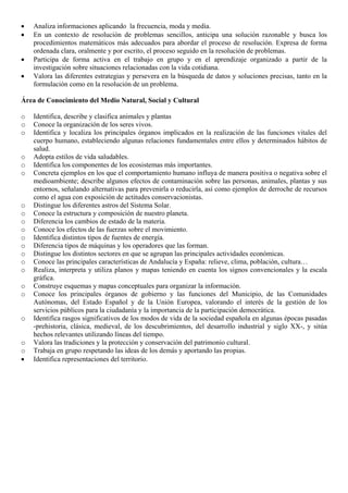 •
•
•
•

Analiza informaciones aplicando la frecuencia, moda y media.
En un contexto de resolución de problemas sencillos, anticipa una solución razonable y busca los
procedimientos matemáticos más adecuados para abordar el proceso de resolución. Expresa de forma
ordenada clara, oralmente y por escrito, el proceso seguido en la resolución de problemas.
Participa de forma activa en el trabajo en grupo y en el aprendizaje organizado a partir de la
investigación sobre situaciones relacionadas con la vida cotidiana.
Valora las diferentes estrategias y persevera en la búsqueda de datos y soluciones precisas, tanto en la
formulación como en la resolución de un problema.

Área de Conocimiento del Medio Natural, Social y Cultural
o
o
o

o
o
o

o
o
o
o
o
o
o
o
o
o
o

o

o
o
•

Identifica, describe y clasifica animales y plantas
Conoce la organización de los seres vivos.
Identifica y localiza los principales órganos implicados en la realización de las funciones vitales del
cuerpo humano, estableciendo algunas relaciones fundamentales entre ellos y determinados hábitos de
salud.
Adopta estilos de vida saludables.
Identifica los componentes de los ecosistemas más importantes.
Concreta ejemplos en los que el comportamiento humano influya de manera positiva o negativa sobre el
medioambiente; describe algunos efectos de contaminación sobre las personas, animales, plantas y sus
entornos, señalando alternativas para prevenirla o reducirla, así como ejemplos de derroche de recursos
como el agua con exposición de actitudes conservacionistas.
Distingue los diferentes astros del Sistema Solar.
Conoce la estructura y composición de nuestro planeta.
Diferencia los cambios de estado de la materia.
Conoce los efectos de las fuerzas sobre el movimiento.
Identifica distintos tipos de fuentes de energía.
Diferencia tipos de máquinas y los operadores que las forman.
Distingue los distintos sectores en que se agrupan las principales actividades económicas.
Conoce las principales características de Andalucía y España: relieve, clima, población, cultura…
Realiza, interpreta y utiliza planos y mapas teniendo en cuenta los signos convencionales y la escala
gráfica.
Construye esquemas y mapas conceptuales para organizar la información.
Conoce los principales órganos de gobierno y las funciones del Municipio, de las Comunidades
Autónomas, del Estado Español y de la Unión Europea, valorando el interés de la gestión de los
servicios públicos para la ciudadanía y la importancia de la participación democrática.
Identifica rasgos significativos de los modos de vida de la sociedad española en algunas épocas pasadas
-prehistoria, clásica, medieval, de los descubrimientos, del desarrollo industrial y siglo XX-, y sitúa
hechos relevantes utilizando líneas del tiempo.
Valora las tradiciones y la protección y conservación del patrimonio cultural.
Trabaja en grupo respetando las ideas de los demás y aportando las propias.
Identifica representaciones del territorio.

 