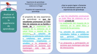 Analizar el
propósito de
la
experiencia
de
aprendizaje
Experiencia de aprendizaje :
Promovemos una convivencia sin
violencia en el hogar
Propósito de la experiencia de
aprendizaje
El propósito de esta experiencia
de aprendizaje es que los
estudiantes promuevan un trato
libre de violencia en su familia a
través de la explicación del
impacto de la violencia en la
salud física y mental de las
personas, la solución de
problemas en actividades lúdicas
y cotidianas que generen
interacciones respetuosas y
amables y la propuesta y
participación en acciones que
mantengan este tipo de
interacciones.
¿Qué se quiere lograr o fomentar
en los estudiantes a partir de las
experiencias de aprendizaje
… que los estudiantes promuevan
un trato libre de violencia en su
familia a través de
• La explicación del impacto de la
violencia en la salud física y
mental de las personas.
• La solución de problemas en
actividades lúdicas y cotidianas
que generen interacciones
respetuosas y amables.
• La propuesta y participación en
acciones que mantengan este tipo
de interacciones.
 
