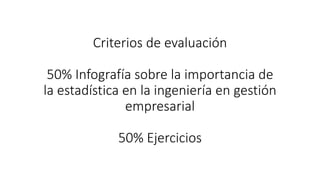 Criterios de evaluación
50% Infografía sobre la importancia de
la estadística en la ingeniería en gestión
empresarial
50% Ejercicios
 