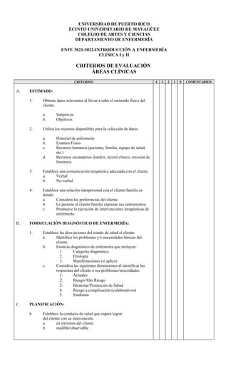 UNIVERSIDAD DE PUERTO RICO
                          ECINTO UNIVERSITARIO DE MAYAGÜEZ
                             COLEGIO DE ARTES Y CIENCIAS
                            DEPARTAMENTO DE ENFERMERÍA

                     ENFE 3021-3022-INTRODUCCIÓN A ENFERMERÍA
                                      CLINICA I y II

                               CRITERIOS DE EVALUACIÓN
                                    ÁREAS CLÍNICAS
                               CRITERIOS                                      4   3   2   1   0   COMENTARIOS

A.   ESTIMADO:

     1.   Obtiene datos relevantes al llevar a cabo el estimado físico del
          cliente.

          a.      Subjetivos
          b.      Objetivos

     2.   Utiliza los recursos disponibles para la colección de datos.

          a.      Historial de enfermería
          b.      Examen Físico
          c.      Recursos humanos (paciente, familia, equipo de salud,
                  etc.)
          d.      Recursos secundarios (kardex, récord clínico, revisión de
                  literatura.

     3.   Establece una comunicación terapéutica adecuada con el cliente.
          a.      Verbal
          b.      No-verbal

     4.   Establece una relación interpersonal con el cliente/familia en
          donde:
          a.      Considera las preferencias del cliente.
          b.      Le permite al cliente/familia expresar sus sentimientos.
          c.      Promueve la ejecución de intervenciones terapéuticas de
                  enfermería.

B.   FORMULACIÓN DIAGNÓSTICO DE ENFERMERÍA:

     1.   Establece las desviaciones del estado de salud el cliente:
          a.      Identifica los problemas y/o necesidades básicas del
                  cliente.
          b.      Enuncia diagnóstico de enfermería que incluyen:
                    1.       Categoría diagnóstica
                    2.       Etiología
                    3.       Manifestaciones (si aplica)
          c.      Considera las siguientes dimensiones al identificar las
                  respuestas del cliente a sus problemas/necesidades:
                    1.       Actuales
                    2.       Riesgo/Alto Riesgo
                    3.       Bienestar/Promoción de Salud
                    4.       Riesgo a complicación (colaborativos)
                    5.       Síndrome

C.   PLANIFICACIÓN:

     6.   Establece la conducta de salud que espera lograr
          del cliente con su intervención.
          a.       en términos del cliente
          b.       medible/observable
 