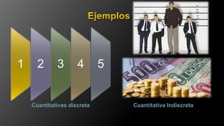 Cuantitativas discreta Cuantitativa Indiscreta
1 2 3 4 5
 