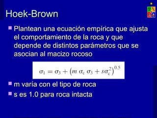Hoek-BrownHoek-Brown
 Plantean una ecuación empírica que ajustaPlantean una ecuación empírica que ajusta
el comportamiento de la roca y queel comportamiento de la roca y que
depende de distintos parámetros que sedepende de distintos parámetros que se
asocian al macizo rocosoasocian al macizo rocoso
 m varía con el tipo de rocam varía con el tipo de roca
 s es 1.0 para roca intactas es 1.0 para roca intacta
 