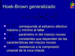 Hoek-Brown generalizadoHoek-Brown generalizado
 corresponde al esfuerzo efectivocorresponde al esfuerzo efectivo
máximo y mínimo al fallarmáximo y mínimo al fallar
 parámetro m del macizo rocosoparámetro m del macizo rocoso
 constantes que dependen de lasconstantes que dependen de las
características del macizo rocosocaracterísticas del macizo rocoso
 resistencia a la compresiónresistencia a la compresión
uniaxial de la roca intactauniaxial de la roca intacta
a
ci
bci sm 





++=
σ
σ
σσσ
'
'' 3
31
'
1σ '
3σ
ciσ
bm
a s
 