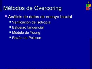 Métodos de OvercoringMétodos de Overcoring
 Análisis de datos de ensayo biaxialAnálisis de datos de ensayo biaxial
 Verificación de isotropíaVerificación de isotropía
 Esfuerzo tangencialEsfuerzo tangencial
 Módulo de YoungMódulo de Young
 Razón de PoissonRazón de Poisson
 