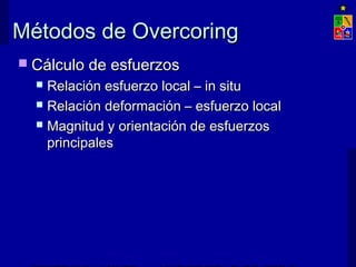 Métodos de OvercoringMétodos de Overcoring
 Cálculo de esfuerzosCálculo de esfuerzos
 Relación esfuerzo local – in situRelación esfuerzo local – in situ
 Relación deformación – esfuerzo localRelación deformación – esfuerzo local
 Magnitud y orientación de esfuerzosMagnitud y orientación de esfuerzos
principalesprincipales
 