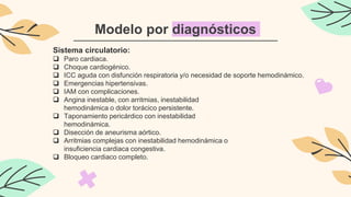 Modelo por diagnósticos
Sistema circulatorio:
 Paro cardiaca.
 Choque cardiogénico.
 ICC aguda con disfunción respiratoria y/o necesidad de soporte hemodinámico.
 Emergencias hipertensivas.
 IAM con complicaciones.
 Angina inestable, con arritmias, inestabilidad
hemodinámica o dolor torácico persistente.
 Taponamiento pericárdico con inestabilidad
hemodinámica.
 Disección de aneurisma aórtico.
 Arritmias complejas con inestabilidad hemodinámica o
insuficiencia cardiaca congestiva.
 Bloqueo cardiaco completo.
 