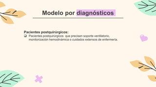 Modelo por diagnósticos
Pacientes postquirúrgicos:
 Pacientes postquirúrgicos que precisen soporte ventilatorio,
monitorización hemodinámica o cuidados extensos de enfermería.
 