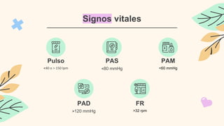 Signos vitales
Pulso
<40 o > 150 lpm
PAS
<80 mmHg
PAM
<60 mmHg
PAD
>120 mmHg
FR
>32 rpm
 