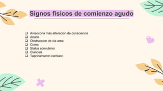 Signos fisicos de comienzo agudo
 Anisocoria más alteracion de consciencia
 Anuria
 Obstruccion de via area
 Coma
 Status convulsivo
 Cianosis
 Taponamiento cardiaco
 