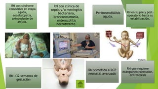 RN con síndrome
convulsivo en etapa
aguda,
encefalopatía,
antecedente de
asfixia.
RN con clínica de
sepsis y/o meningitis
bacteriana,
bronconeumonía,
enterocolitis
necrotizante.
RN en su pre y post-
operatorio hasta su
estabilización.
RN <32 semanas de
gestación
Peritoneodiálisis
aguda.
RN que requiere
exanguineotransfusion,
eritroferesis
RN sometido a RCP
neonatal avanzado
 