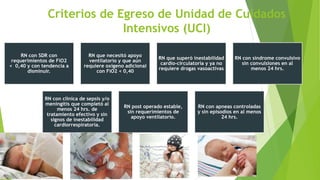 Criterios de Egreso de Unidad de Cuidados
Intensivos (UCI)
RN con SDR con
requerimientos de FiO2
< 0,40 y con tendencia a
disminuir.
RN que necesitó apoyo
ventilatorio y que aún
requiere oxígeno adicional
con FiO2 < 0,40
RN que superó inestabilidad
cardio-circulatoria y ya no
requiere drogas vasoactivas
RN con síndrome convulsivo
sin convulsiones en al
menos 24 hrs.
RN con clínica de sepsis y/o
meningitis que completó al
menos 24 hrs. de
tratamiento efectivo y sin
signos de inestabilidad
cardiorrespiratoria.
RN post operado estable,
sin requerimientos de
apoyo ventilatorio.
RN con apneas controladas
y sin episodios en al menos
24 hrs.
 