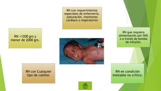 RN con Cualquier
tipo de catéter.
RN >1200 grs y
menor de 2000 grs.
RN que requiera
alimentación por SNG
o a través de bomba
de infusión.
RN en condición
inestable no crítico.
RN con requerimientos
especiales de enfermería.
(saturación, monitoreo
cardiaco o respiratorio)
 