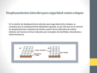 Desplazamientoslateralesparaseguridadcontracolapso
• En la revisión de desplazamientos laterales para seguridad contra colapso, se
considera que el comportamiento idealizado supuesto, es por ello que así se estiman
los desplazamientos inelásticos de diseño a partir de los obtenidos de análisis
elásticos con fuerzas sísmicas reducidas por conceptos de ductilidad, redundancia y
sobrerresistencia.
 