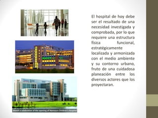 El hospital de hoy debe ser el resultado de una necesidad investigada y comprobada, por lo que requiere una estructura física funcional, estratégicamente localizada y armonizada con el medio ambiente y su contorno urbano, fruto de una cuidadosa planeación entre los diversos actores que los proyectaran. 