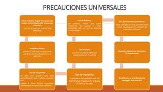 PRECAUCIONES UNIVERSALES
Evitar contacto de piel o mucosas con
sangre y otros líquidos de precaución
universal.
USO DEL EQUIPO DE PROTECCION
PERSONAL
Lavado de manos
prevenir la infección cruzada entre
paciente, personal hospitalario, y
visitantes
Uso de los guantes
Se debe usar guantes para todo
procedimiento que implique contacto
con :
Sangre y otros fluidos corporales,
considerados de precaución universal.
Uso de mascarillas
se previene la exposición de las
membranas mucosas de la boca,
la nariz y los ojos
Uso de Gorro
prevenir la caída de partículas
contaminadas en el vestidol
Uso de Polainas.
Las polainas tienen que cubrir
totalmente los zapatos y serán
cambiadas cada vez que se salga del
área quirúrgica
Uso de delantales protectores.
Están indicados en todo procedimiento
donde haya exposición a líquidos de
precaución universal
Manejo cuidadoso de elementos
cortopunzantes
Desinfeccion y esterilizacion de
equipos e instrumental
 