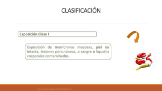 CLASIFICACIÓN
Exposición Clase I
Exposición de membranas mucosas, piel no
intacta, lesiones percutáneas, a sangre o líquidos
corporales contaminados.
Álvarez, F. Faizal, E. Valderrama, F. Riesgos biológicos y bioseguridad. ECOE Ediciones. Bogotá. 2011.
 